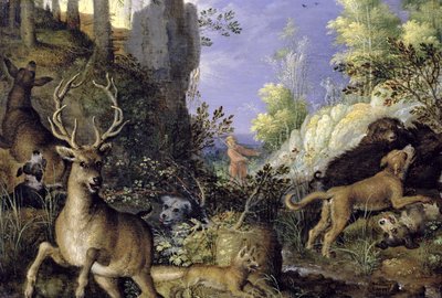 Waldszene mit Jägern und Tieren von Roelandt Jacobsz. Savery